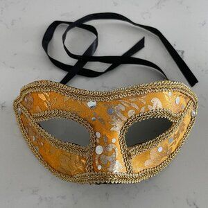 Vintage Masquerade Party Ornate Mask in Gold & Silver w Black Ribbon Tie Sz OS
